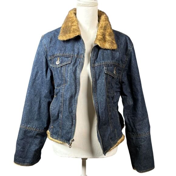 Austin Denim Jacket Long Sleeve Blue Fur Collar Size Large Zip Trucker Y2k 90s - Picture 1 of 11